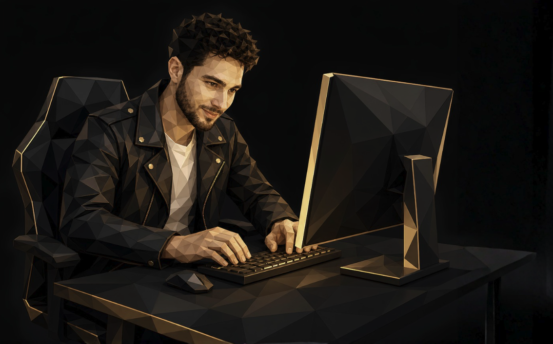 Tommy-Lee Baïk en train de coder — illustration low-poly